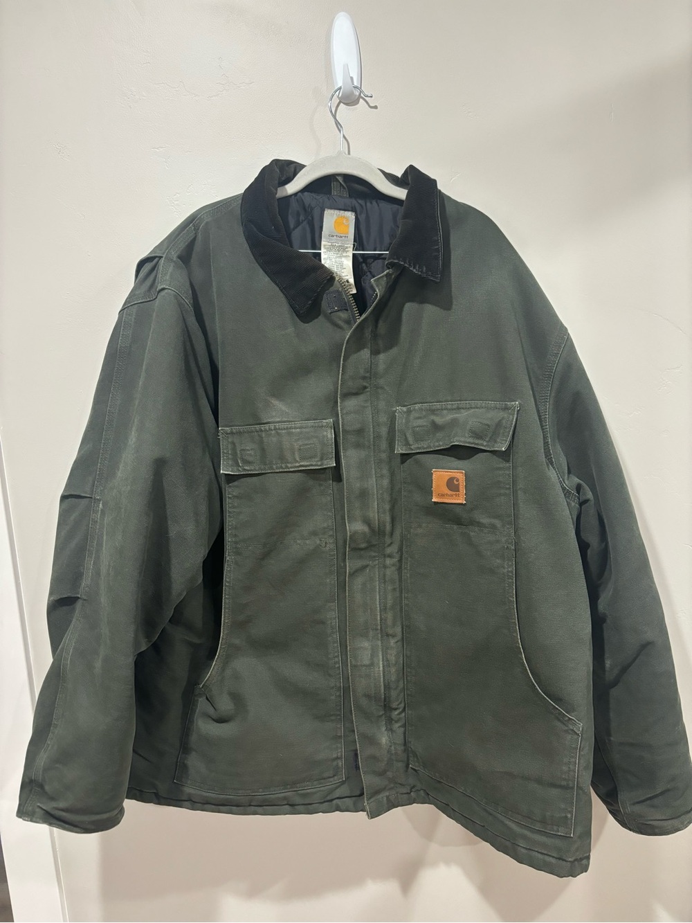 Vintage Carhartt Men's Dark Green Canvas Work Jacket with Corduroy Collar